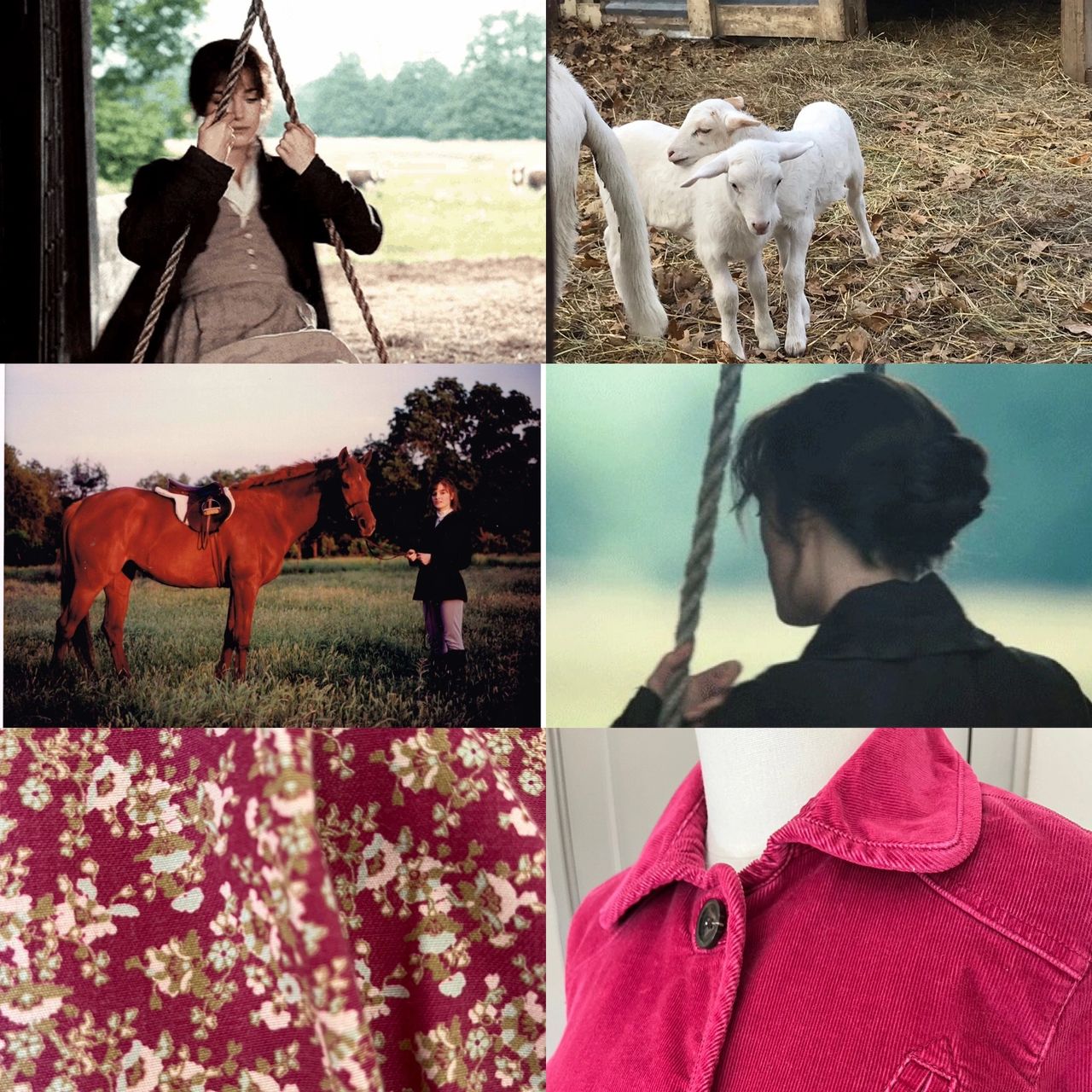L to R Nostalgic Scenes from Pride and Prejudice, our last spring baby lambs, a younger me with a racehorse, (bottom left) Ditsy floral jacket lining and Peter Pan Collar
