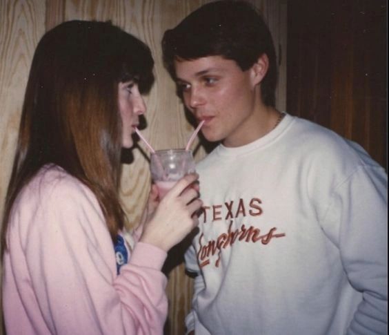 Sharing a pink strawberry shake with the love of my life!  I was 17 and he was 18 :-)