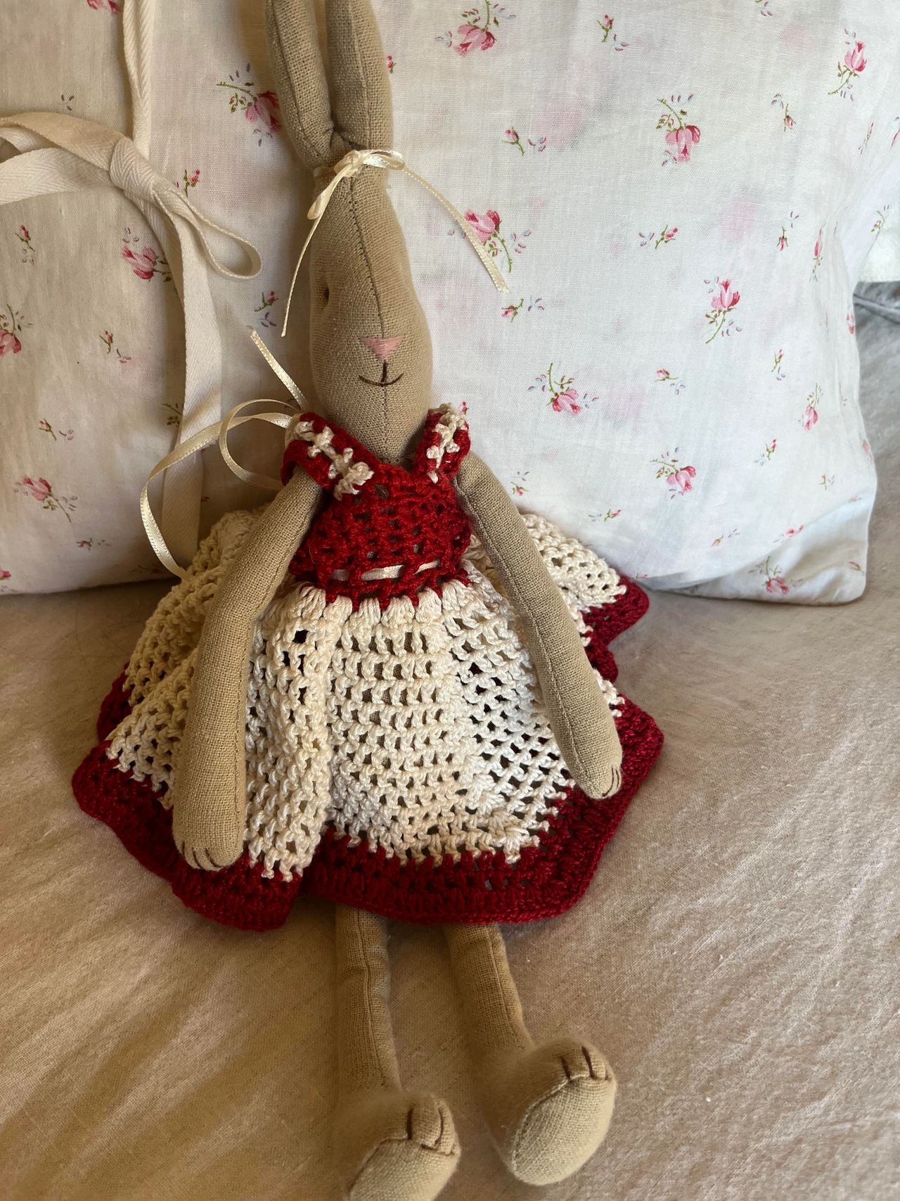 Cranberry Color Antique Crochet doll dress fits Maileg Bunny
